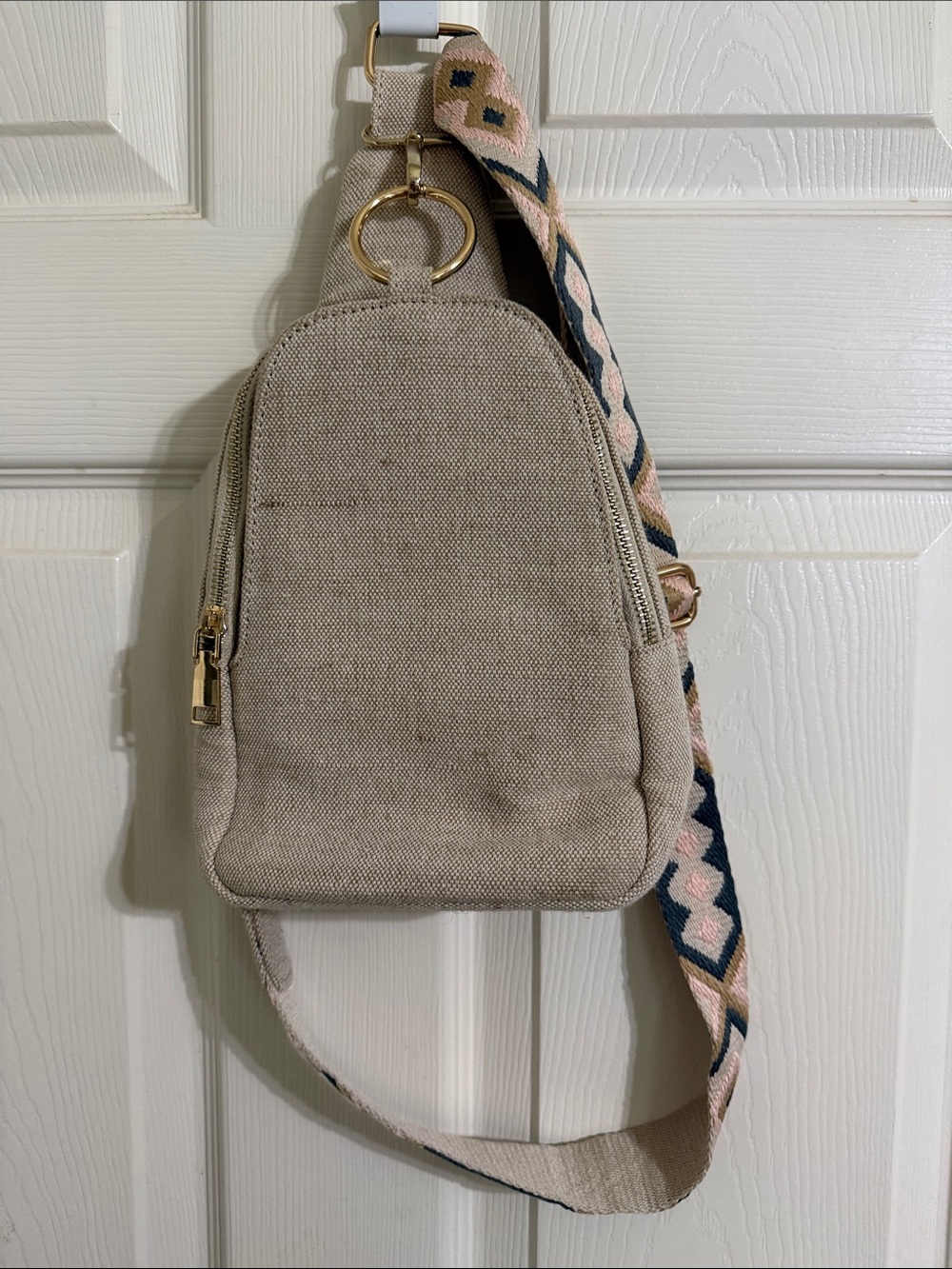Neutral Canvas Crossbody Sling Bag with Patterned Strap total 3 big pockets